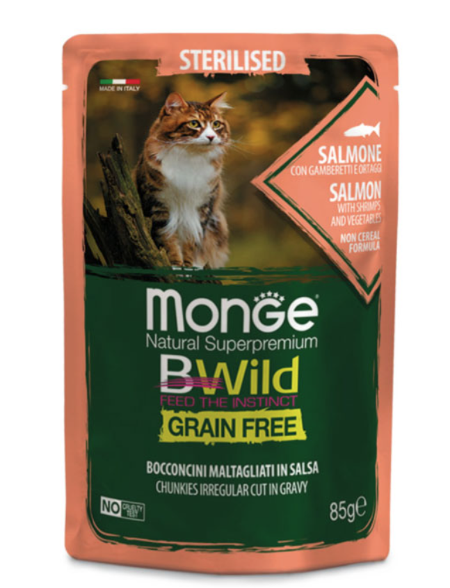 Monge BWild Cat Esterilizado Salmón con Gambas y verduras 85gr
